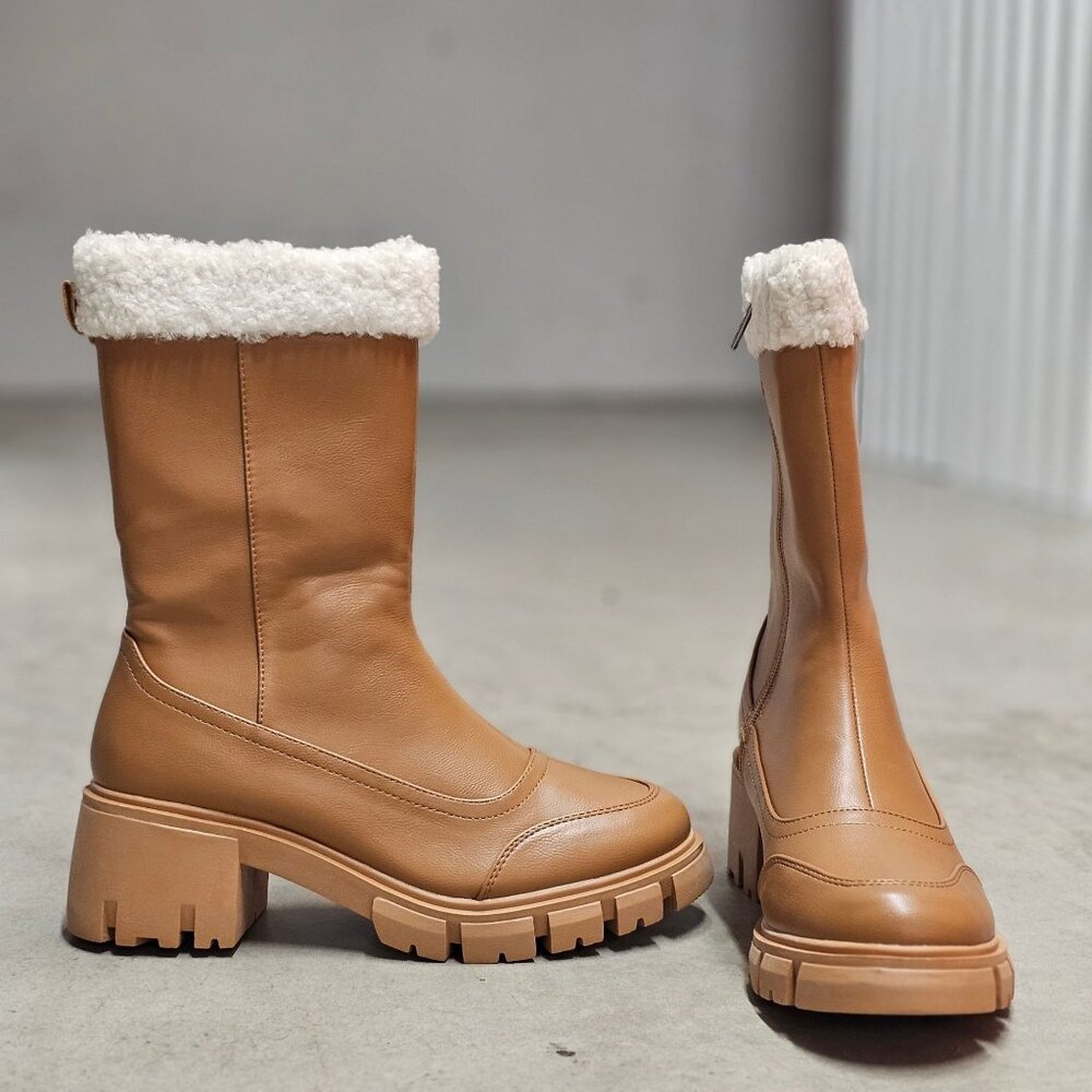 Womens Tan Faux Leather Mid-Calf Boots With Chunky Sole & Faux Shearling Trim - Picture 5 of 6
